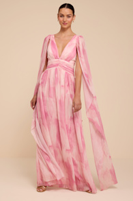 Damaria Pink Multi Abstract Cape Sleeve Maxi Dress 1