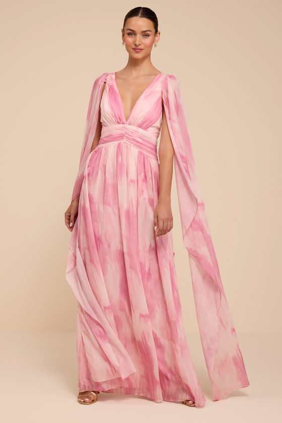 Damaria Pink Multi Abstract Cape Sleeve Maxi Dress 1