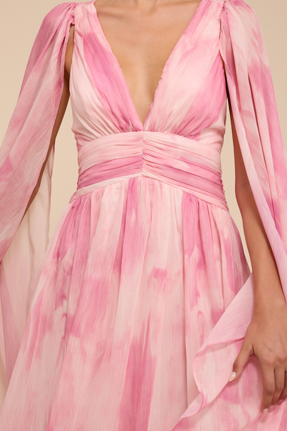 Damaria Pink Multi Abstract Cape Sleeve Maxi Dress 2