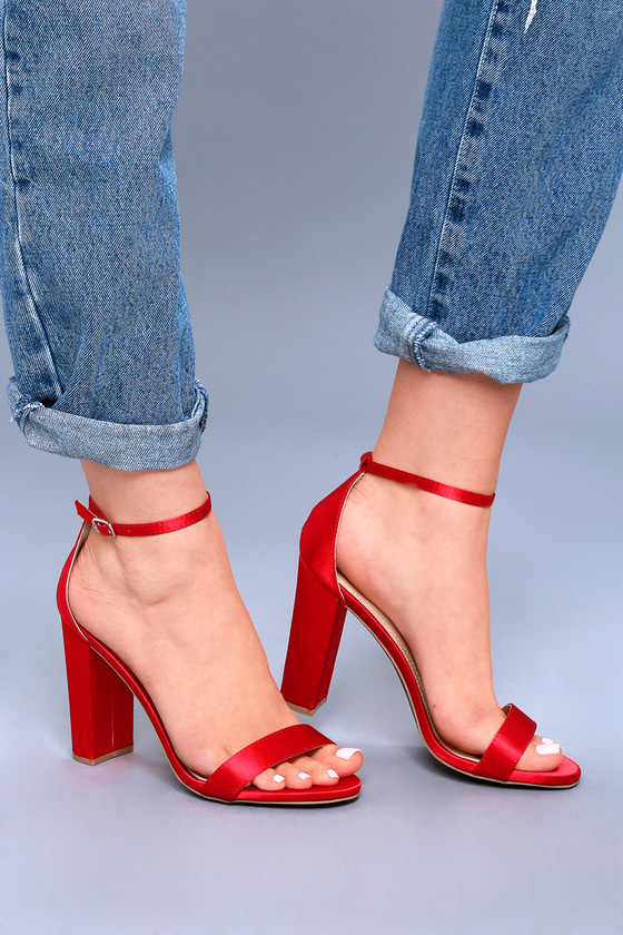 red satin sandals heels