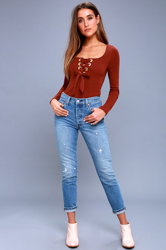 Looking Back Rust Red Long Sleeve Lace-Up Top 2