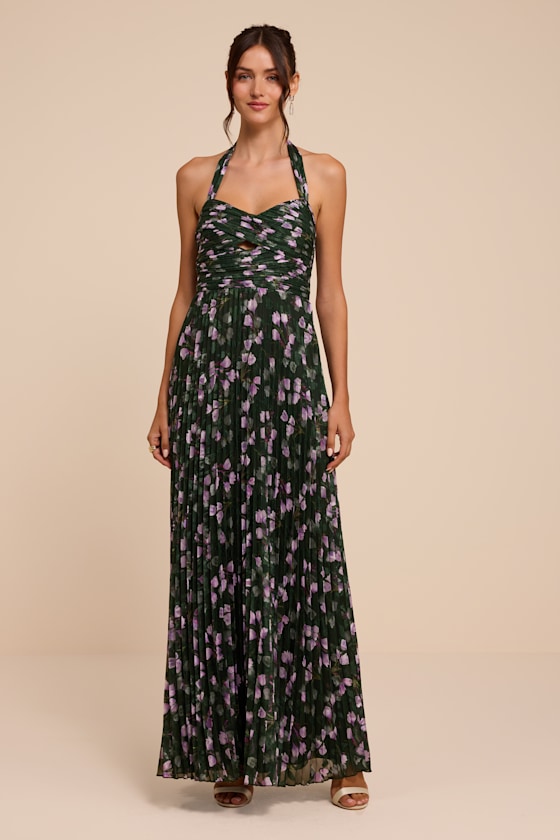 Marlene Dark Green Floral Pleated Halter Maxi Dress 2