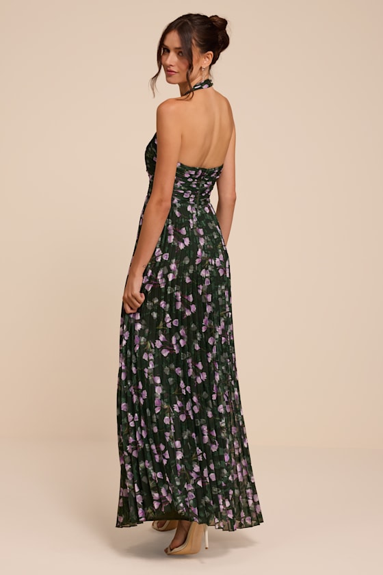 Marlene Dark Green Floral Pleated Halter Maxi Dress - thumbnail 4