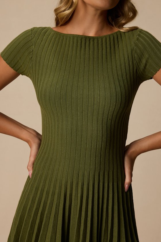 Sarielle Olive Pleated Sweater Mini Dress - thumbnail 5