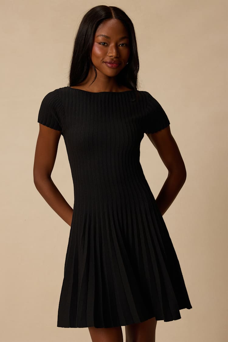 rib knit black mini dress Ribbed - Sweater Dress - Pleated Mini Dress The Astralora MODEL INFO Model is sweetheart-neckline Color:CHOCOLATE SUEDE