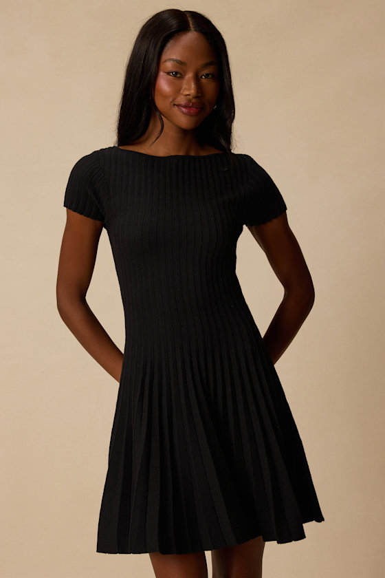 Sarielle Black Pleated Sweater Mini Dress 1