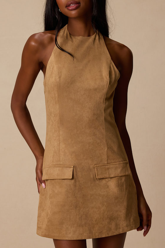 Xandra Tan Suede Halter Mini Dress 2