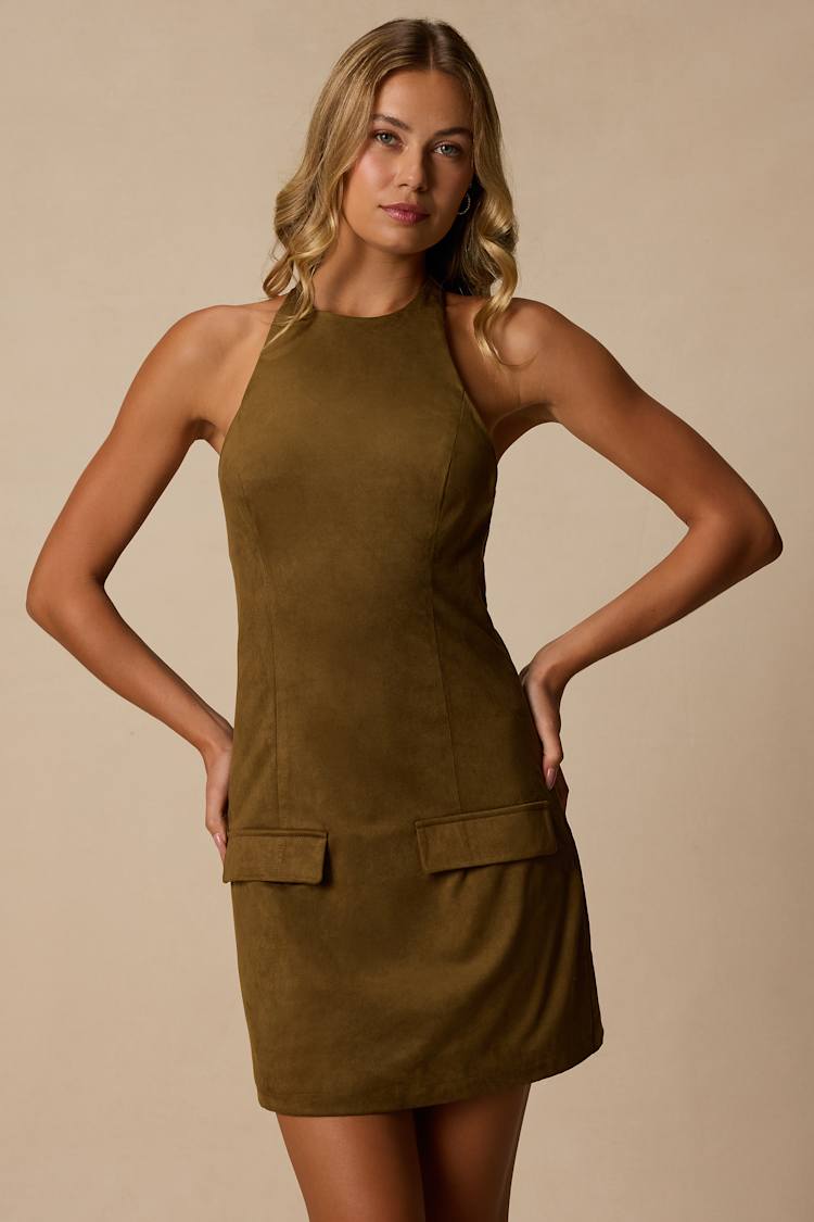 suede halter dress Xandra Olive Green Mini high_neckline