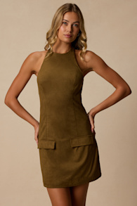 Xandra Olive Suede Halter Mini Dress 1