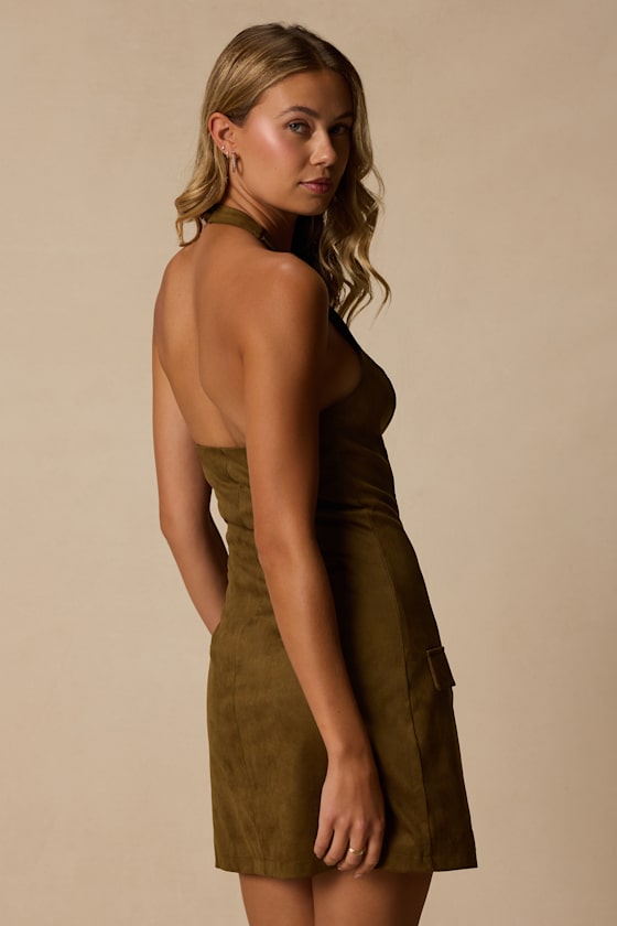 Xandra Olive Suede Halter Mini Dress 2