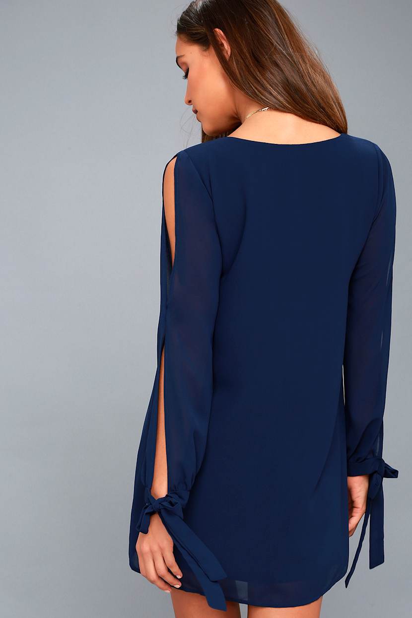 fitted lace wedding dress KENNEDY LONG SLEEVE SHIFT, TRUE NAVY – Palm Place main image 1