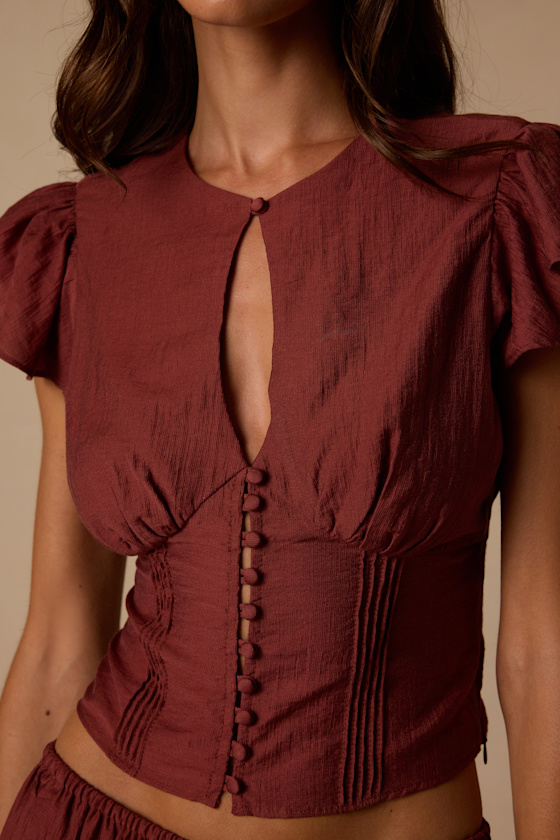 Owens Rust Brown Keyhole Button-Front Top - thumbnail 5