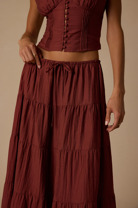 Owens Rust Brown Drawstring Tiered Maxi Skirt - thumbnail 4