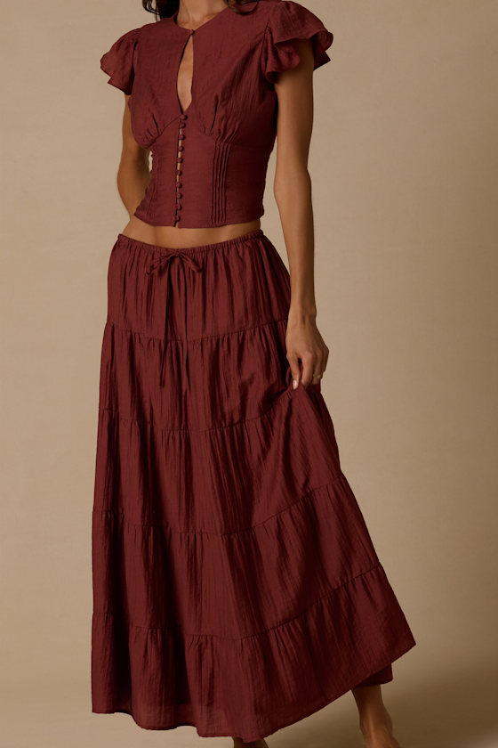Owens Rust Brown Drawstring Tiered Maxi Skirt - thumbnail 5