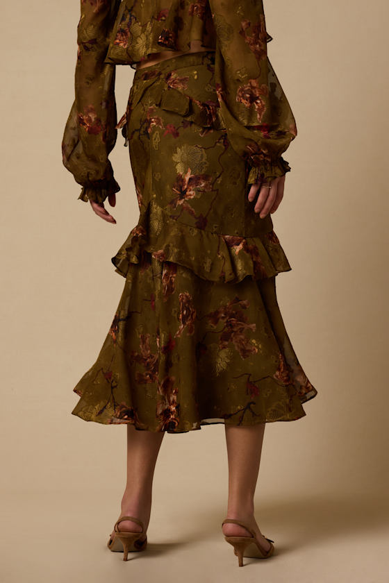 Mallory Olive Green Floral Ruffled Midi Skirt - thumbnail 3