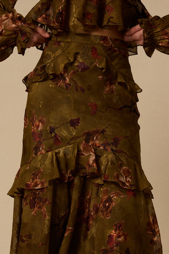 Mallory Olive Green Floral Ruffled Midi Skirt - thumbnail 4