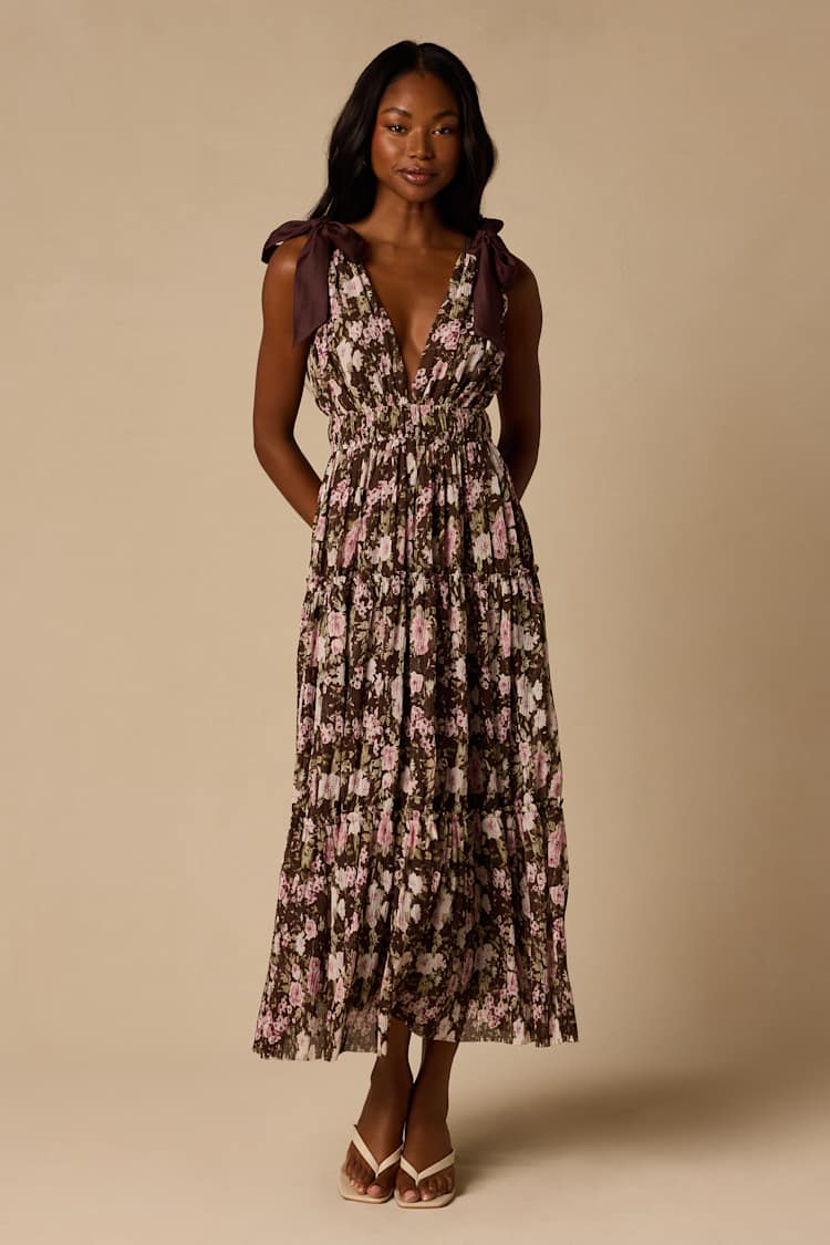 brown tiered midi dress Brown Tiered Rosalind Midi Dress