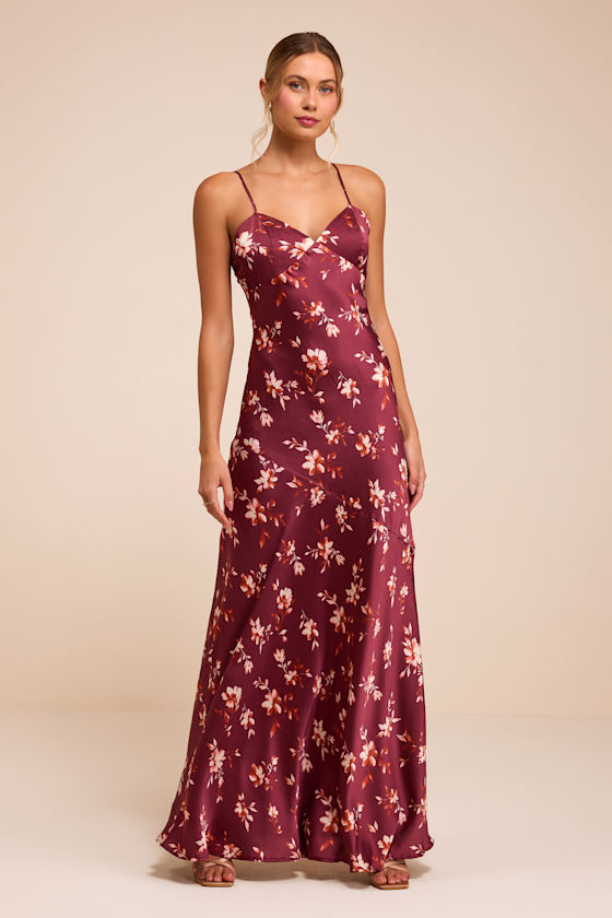 Dita Burgundy Floral Satin Slip Maxi Dress 1