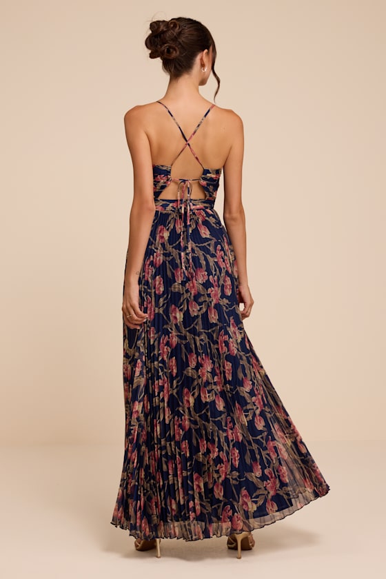 Rebena Navy Multi Floral Pleated Maxi Dress - thumbnail 3