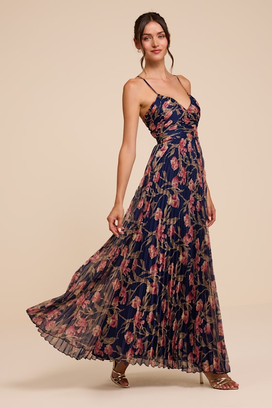 Rebena Navy Multi Floral Pleated Maxi Dress - thumbnail 4