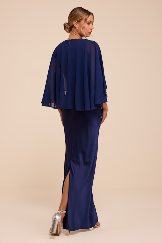Fowler Navy Blue Satin Cape Maxi Dress - thumbnail 4