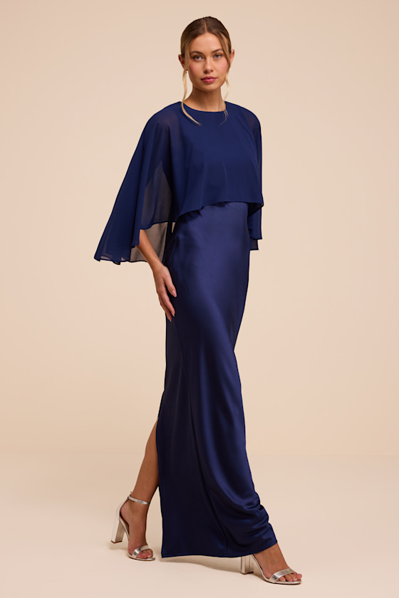 Fowler Navy Blue Satin Cape Maxi Dress - thumbnail 5