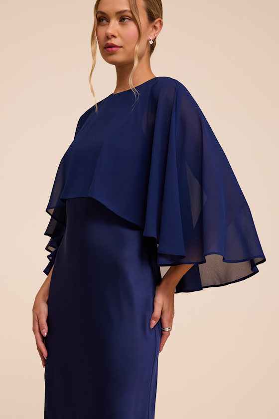 Fowler Navy Blue Satin Cape Maxi Dress - thumbnail 6