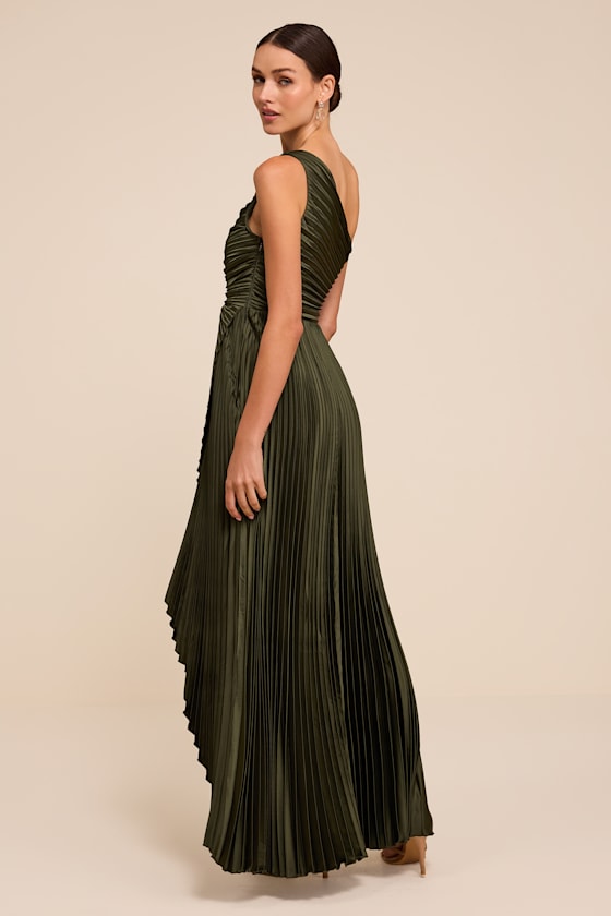 Adaya Olive Satin Pleated One-Shoulder Maxi Dress - thumbnail 4