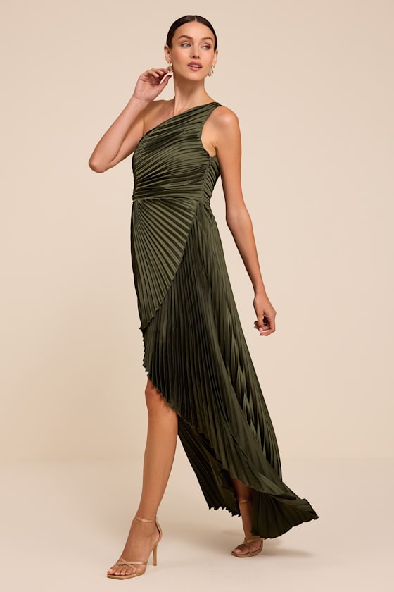 Adaya Olive Satin Pleated One-Shoulder Maxi Dress - thumbnail 5