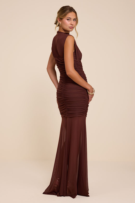 Montecito Brown Mesh Trumpet Maxi Dress - thumbnail 3