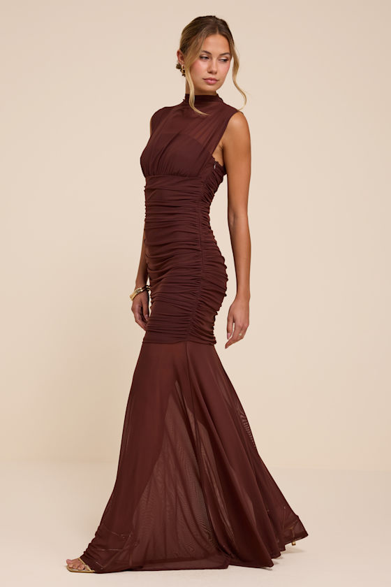Montecito Brown Mesh Trumpet Maxi Dress - thumbnail 4