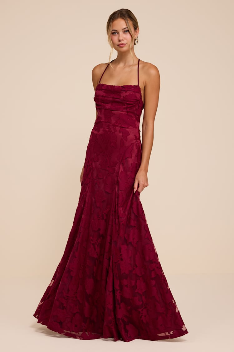 burgundy burnout dress Lace-Up Maxi | Womens | X-Small (Available in S, M, L, XL) | Polyester/Spandex long quinceanera dresses Size medium measures 53.25 Height:90cm Adrianna Papell Women's Beaded