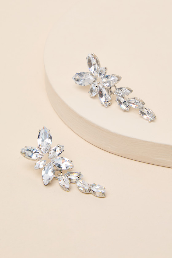 Fleur Silver Rhinestone Earrings - thumbnail 4