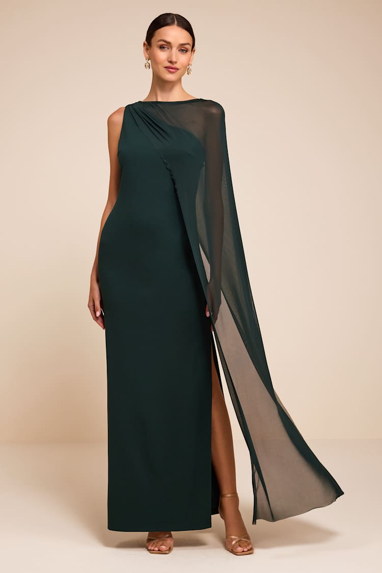 emerald green dress with cape - One-Shoulder Maxi Dress - Column Maxi Evening dress Color:Bloom & Breeze NA-12.03.24AM SHEIN LUNE Women Long while sparkling sequins and