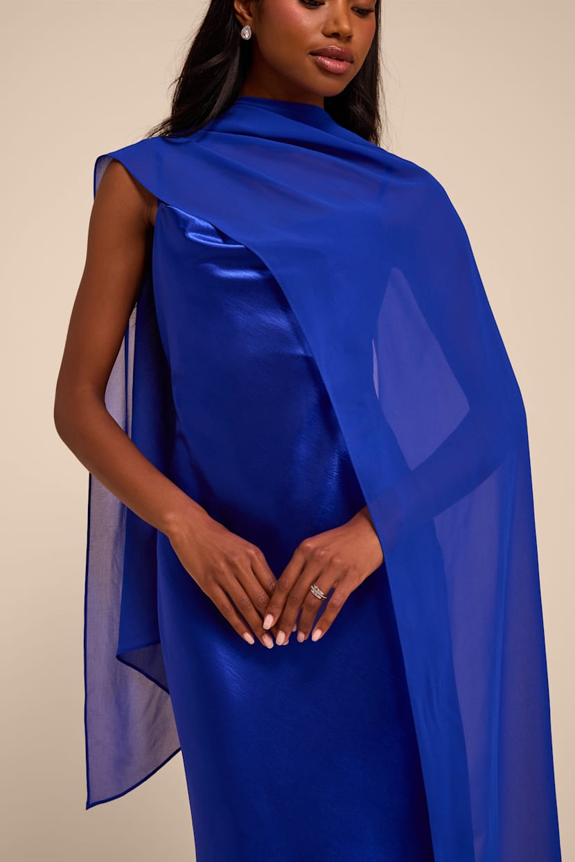 Royal Blue Satin Slip Maxi Dress and Scarf Set | Womens | Large (Available in XS, S, M, XL) | 100% Polyester