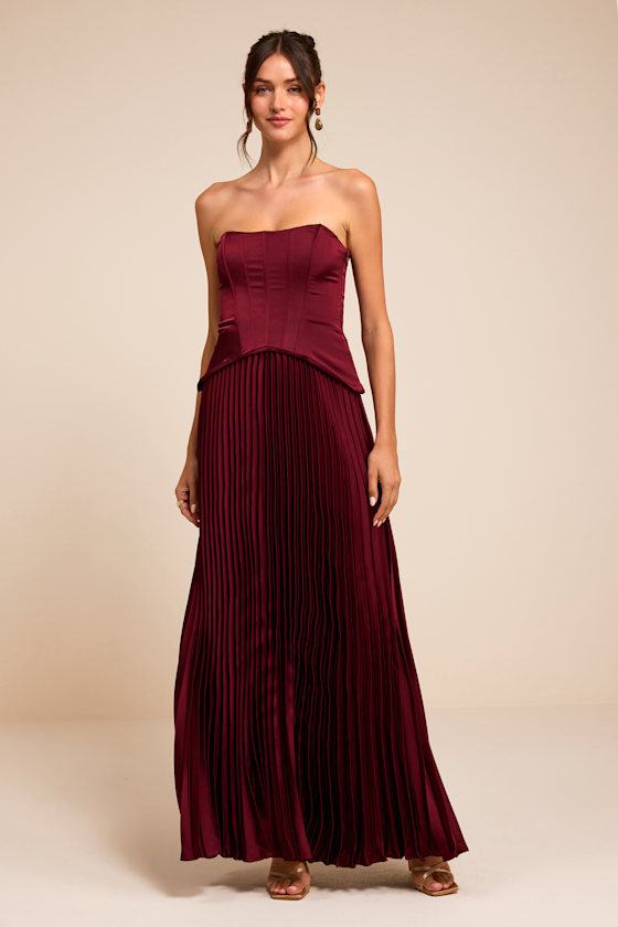 Makani Wine Red Satin Bustier Maxi Dress 1