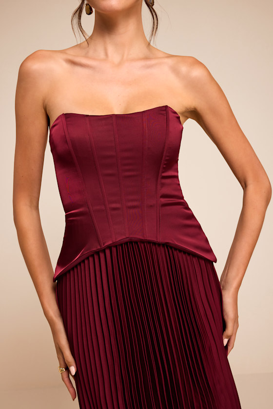 Makani Wine Red Satin Bustier Maxi Dress 2