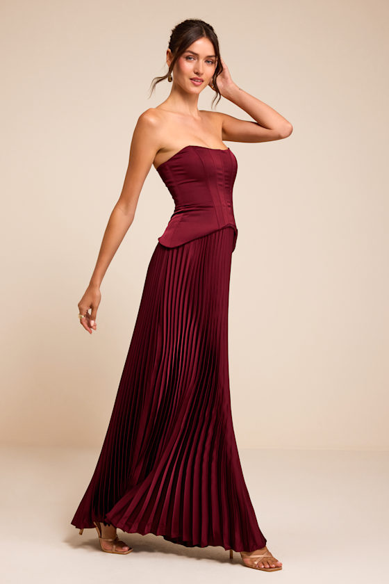 Makani Wine Red Satin Bustier Maxi Dress - thumbnail 4