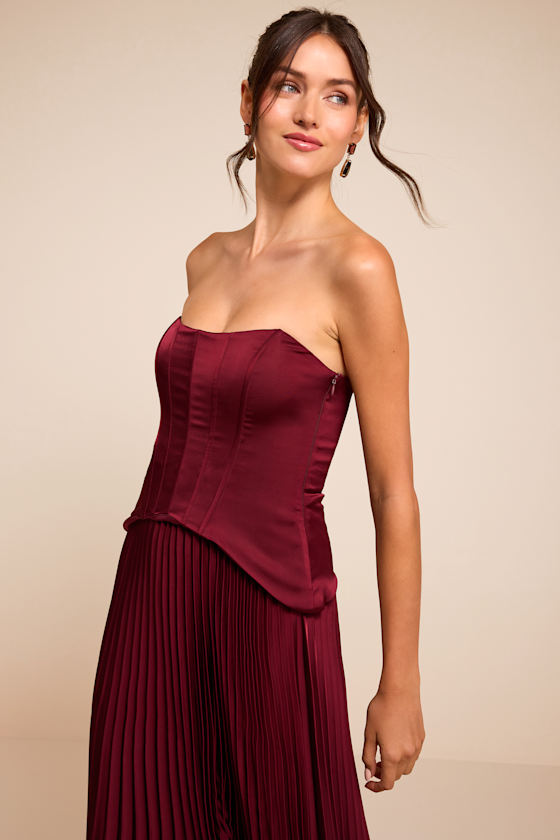 Makani Wine Red Satin Bustier Maxi Dress - thumbnail 5