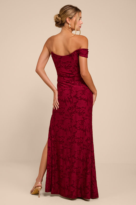 Emmeline Burgundy Burnout One-Shoulder Maxi Dress - thumbnail 3