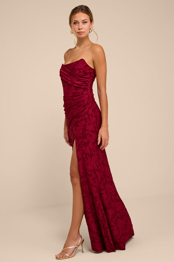 Emmeline Burgundy Burnout One-Shoulder Maxi Dress - thumbnail 4