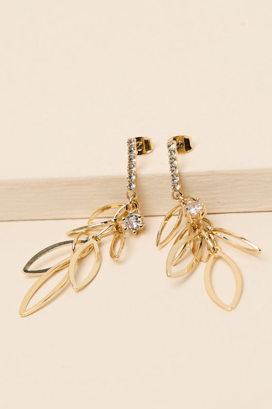 Fifi Gold Rhinestone Leaf Earrings - thumbnail 4