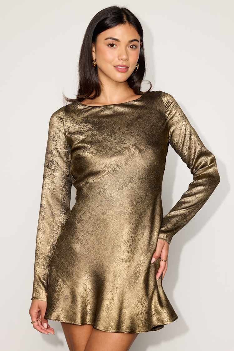 Gold Long Sleeve Dress - Backless Dress - Long Sleeve Mini Dress