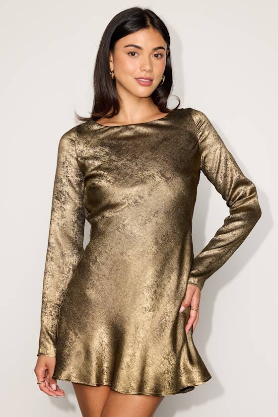 Stellina Gold Metallic Satin Long Sleeve Mini Dress 2