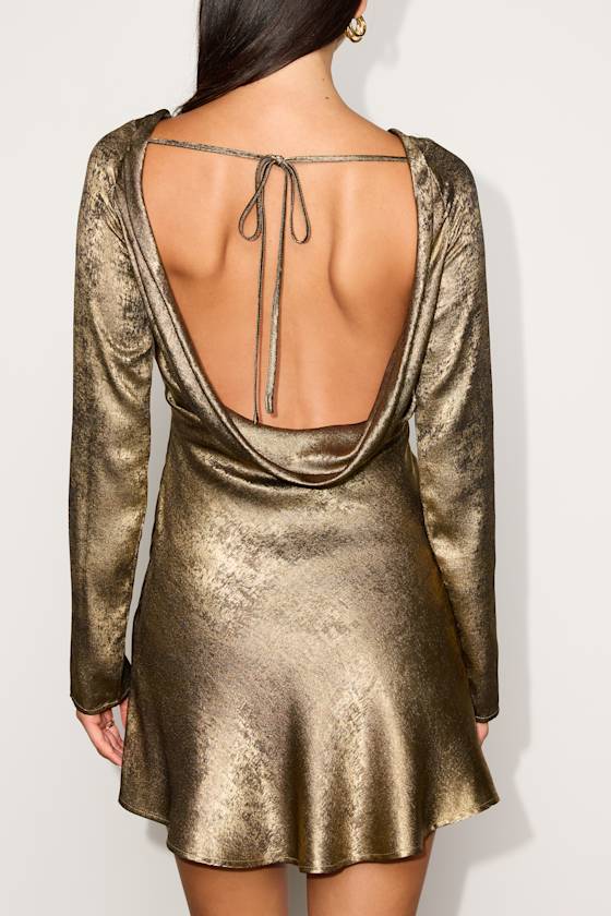 Stellina Gold Metallic Satin Long Sleeve Mini Dress 3
