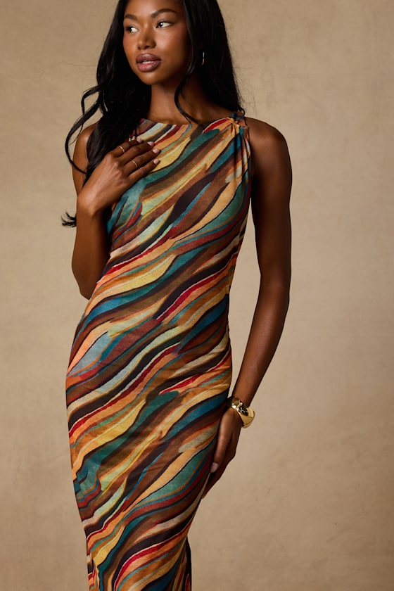 Keiani Orange Multi Print Backless Midi Dress - thumbnail 4