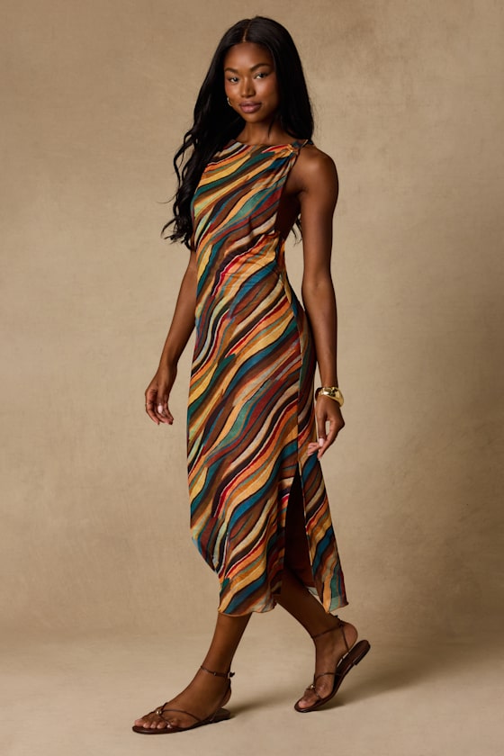 Keiani Orange Multi Print Backless Midi Dress - thumbnail 3