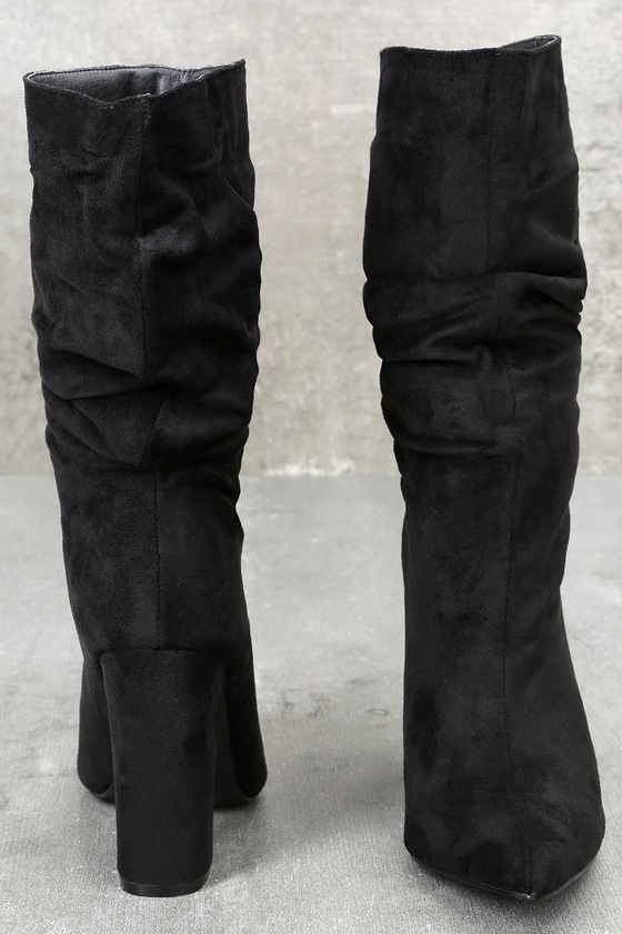black high heel mid calf boots