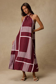 Rio Burgundy and Pink Abstract Print Shift Maxi Dress 1