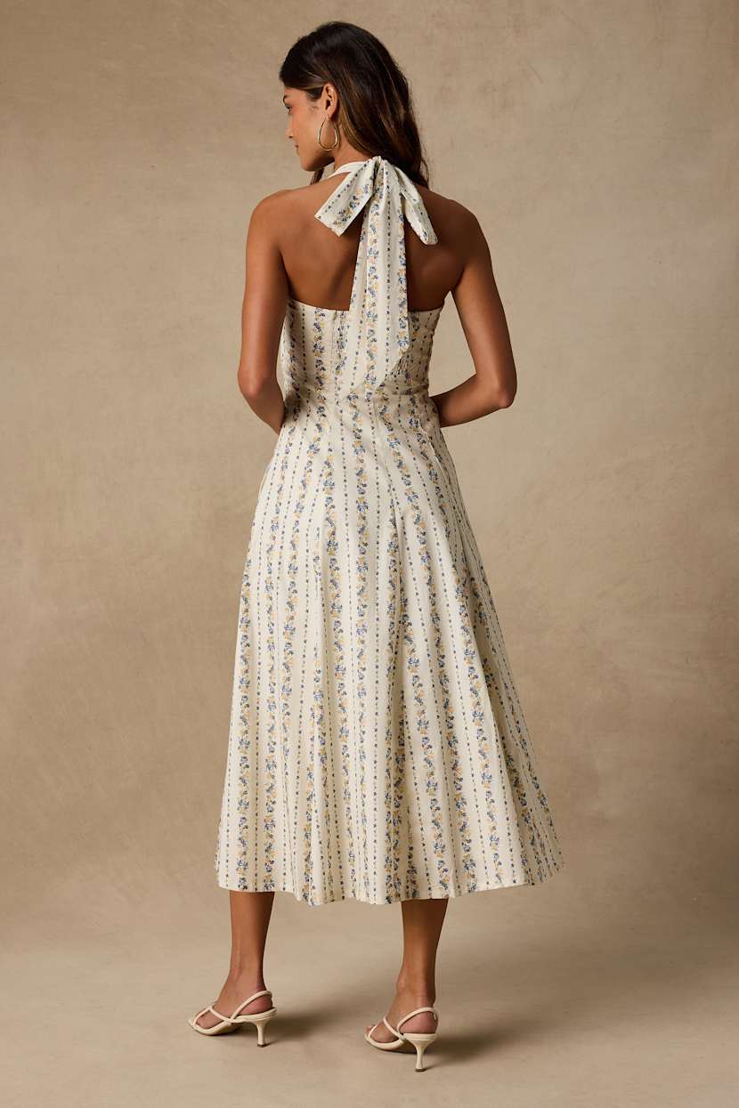 halter skater midi dress White Floral Dress - Halter Midi Dress - Skater Midi Dress - Midi